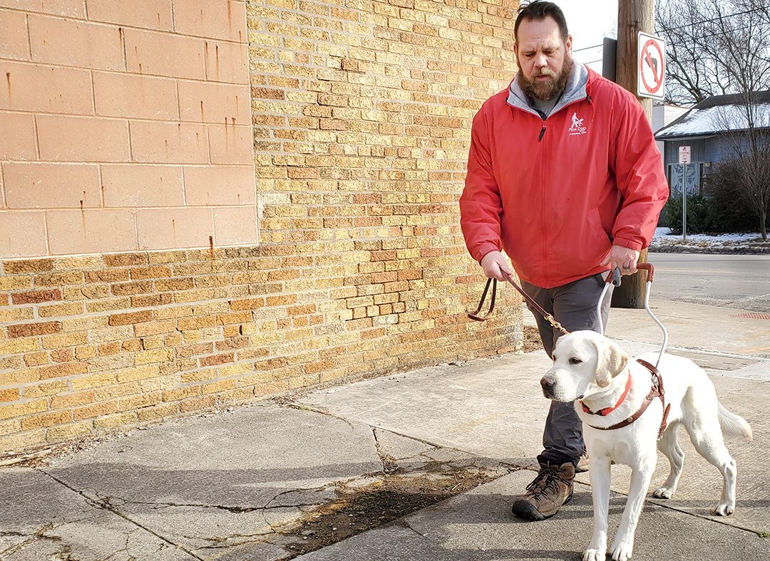 A trainer in a red jacket works with a yellow Lab in harness on a sidewalk in front of a brick building.
