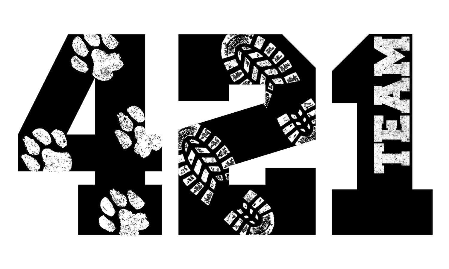 The numbers 421 in black. The 4 has white pawprints. The 2 has white footprints. The 1 has the word TEAM written in white.