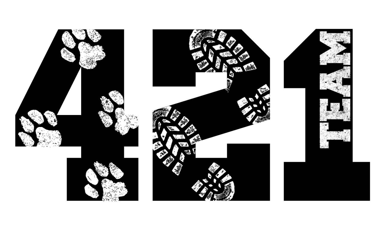 The numbers 421 in black. The 4 has white pawprints. The 2 has white footprints. The 1 has the word TEAM written in white.